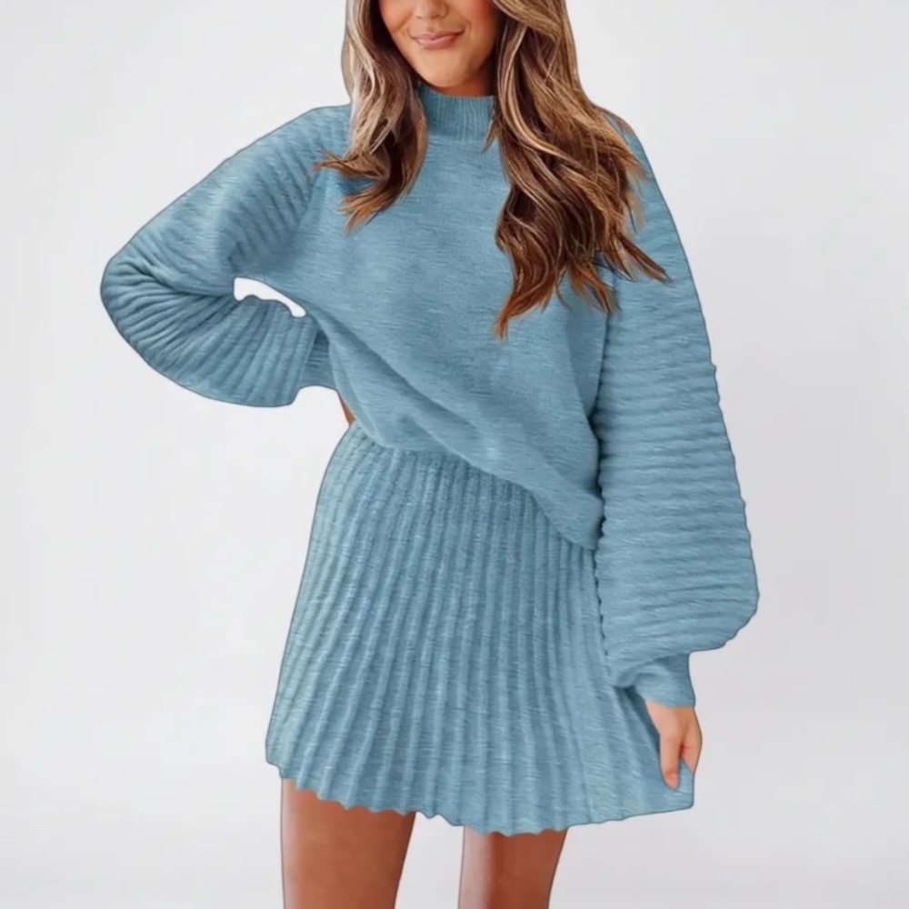 Imily Bela 2 Piece Skirt Set Mock Neck Ribbed Sweater and Mini Skirt Small